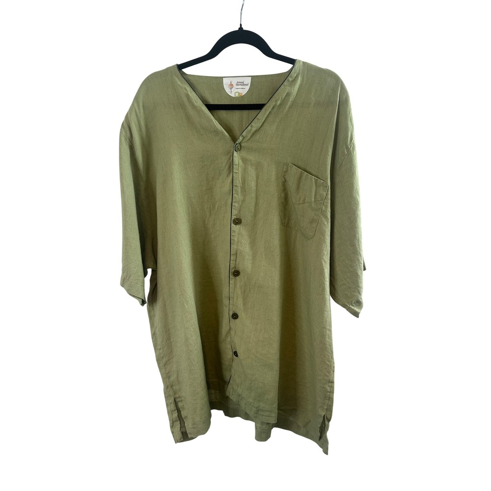 Armani International Mens XXL Olive Green 100% Linen V-Neck Short Sleeve Shirt